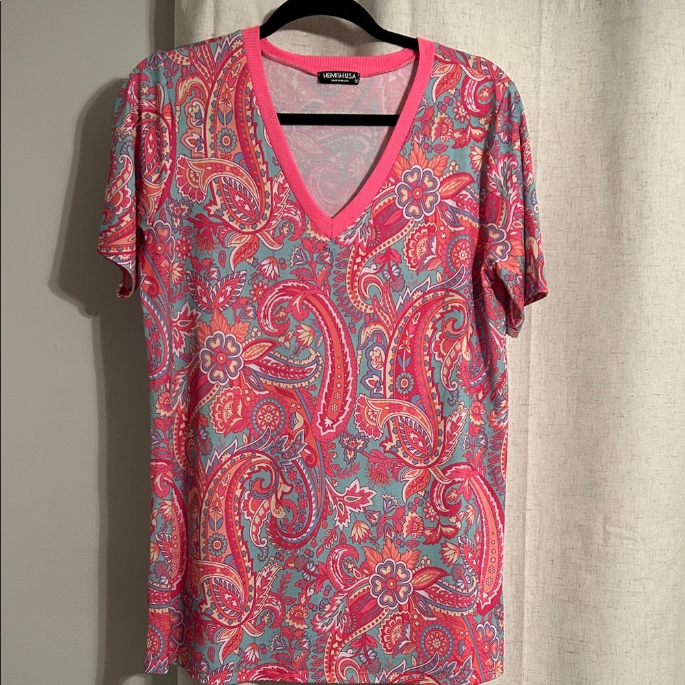 Paisley V-Neck Short Sleeve Top - Pink/Blue